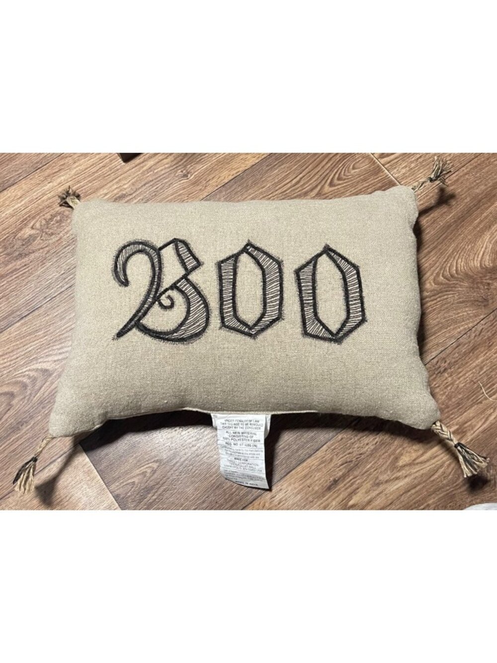 Threshold Beige Accent Pillow Halloween Boo Design 14x20 Linen Shell Tassels
